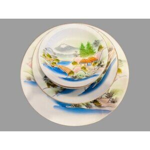 Vintage Kutani China 6-piece place setting, hand-painted with a scenic design